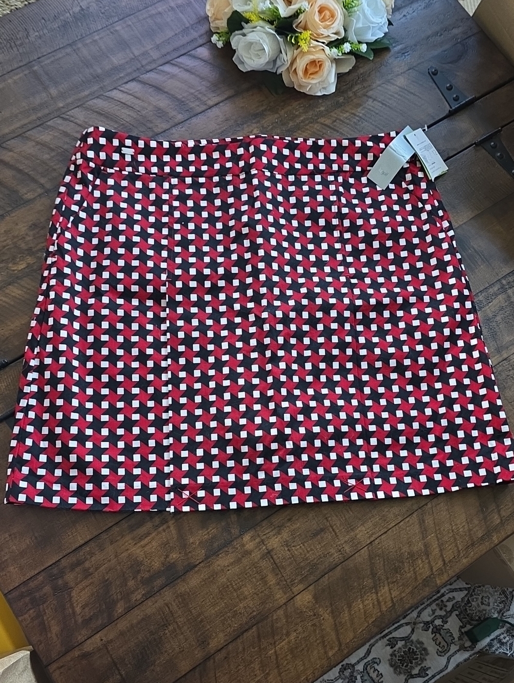 Patterned Red, Black & White Mini Skirt